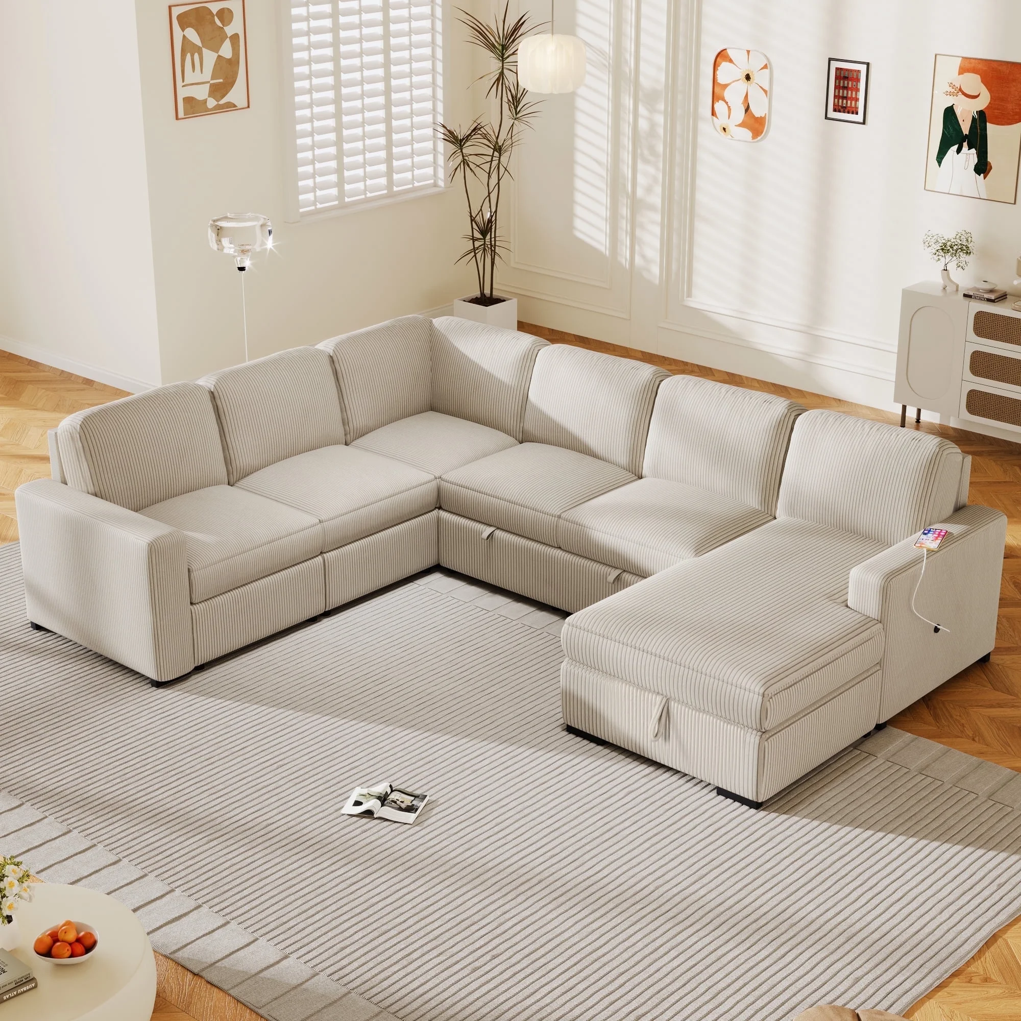 EUROCO 116.5"  Larger 7-Seater Modular Sectional Sofa and Couch, U-Shaped Couch Corduroy Pull Out Sofa Bed with Storage Chaise and USB interfaces for Living Rooms, Offices, and Spacious Spaces,Beige