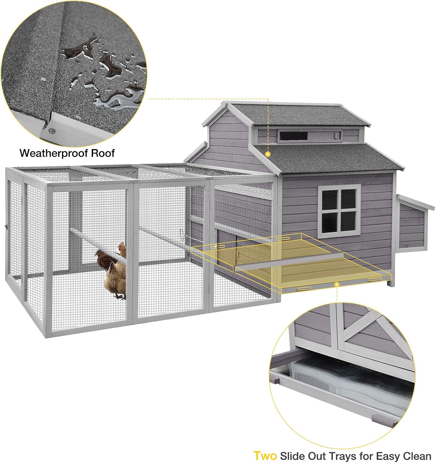 115in Chicken Coop Outdoor Large Hen House, Wooden Poultry Cage with Nesting Box, Run -4 Access Areas