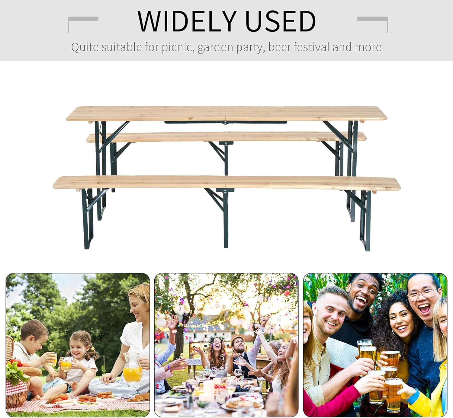 Outsunny 7' Wooden Outdoor Folding Patio Camping Picnic Table Set Large Beer Table Set with Bench and Easy Set Up for Backyard Poolside Dining Party