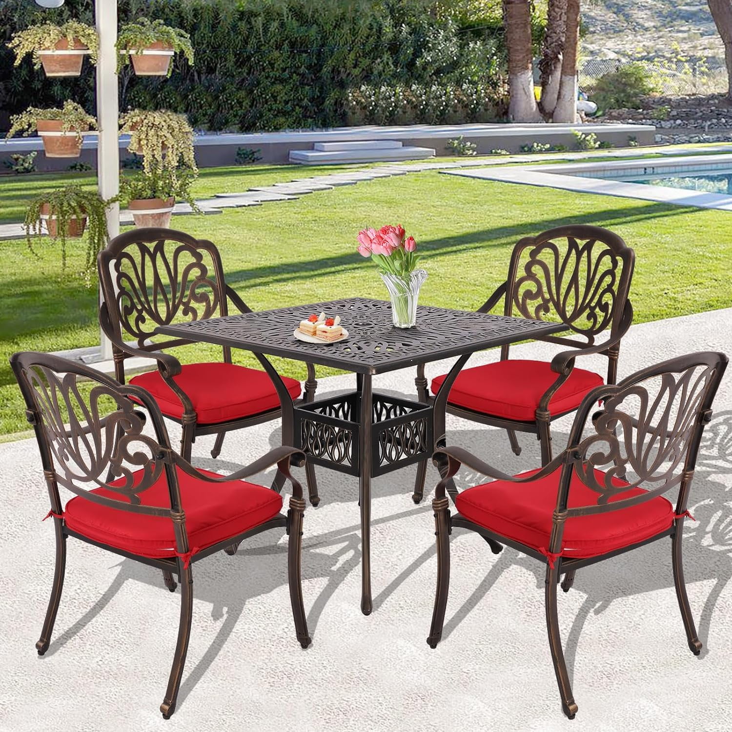 Haverchair 5 Piece Cast Aluminum Patio Dining Set Outdoor Furniture Set Patio Garden Set with 4 Dining Chairs with Red Cushion, 1 Patio Square Table, 2.2" Umbrella Hole Antique Bronze