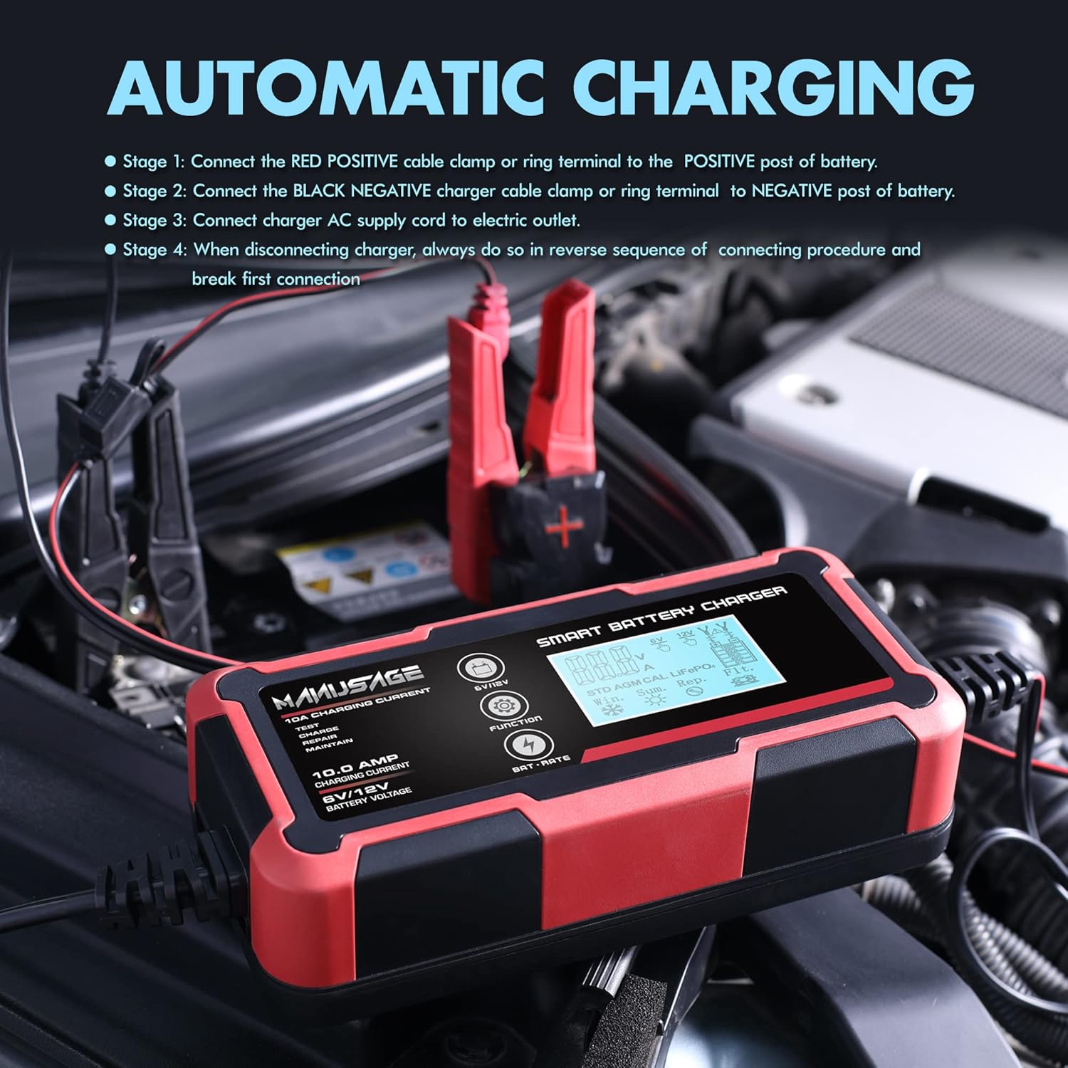 Manusage 10-Amp Fully-Automatic Smart Charger, 6V and 12V Portable Battery Charger, Battery Maintainer, Trickle Charger, and Battery Desulfator with Temperature Compensation