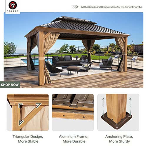 YOLENY 10' x 12' Hardtop Gazebo, Wood-Looking Gazebo with Galvanized Steel Double Roof, Aluminum Frame, Permanent Metal Pavilion with Netting and Curtains for Deck, Backyard, Patio and Lawns