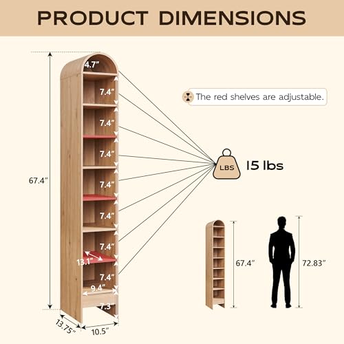 71" Tall Arched Bookshelf, 7 Tiers Arch Bookcase with Storage, Modern Farmhouse Book Shelf with Adjustable Shelves, Wood Bookshelf w/Open Display Shelves for Living Room, Office (Natural)
