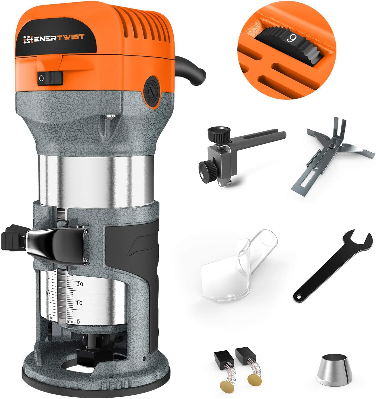 ENERTWIST Compact Router Tool, 7.0-Amp 1.25HP Soft Start Variable Speed Wood Router Kit w/Fixed Base, 1/4" & 3/8" Collets, Edge Guide, Roller Guide, Dust Hood, Replacement Brush Set, ET-RT-710S Pack of 2