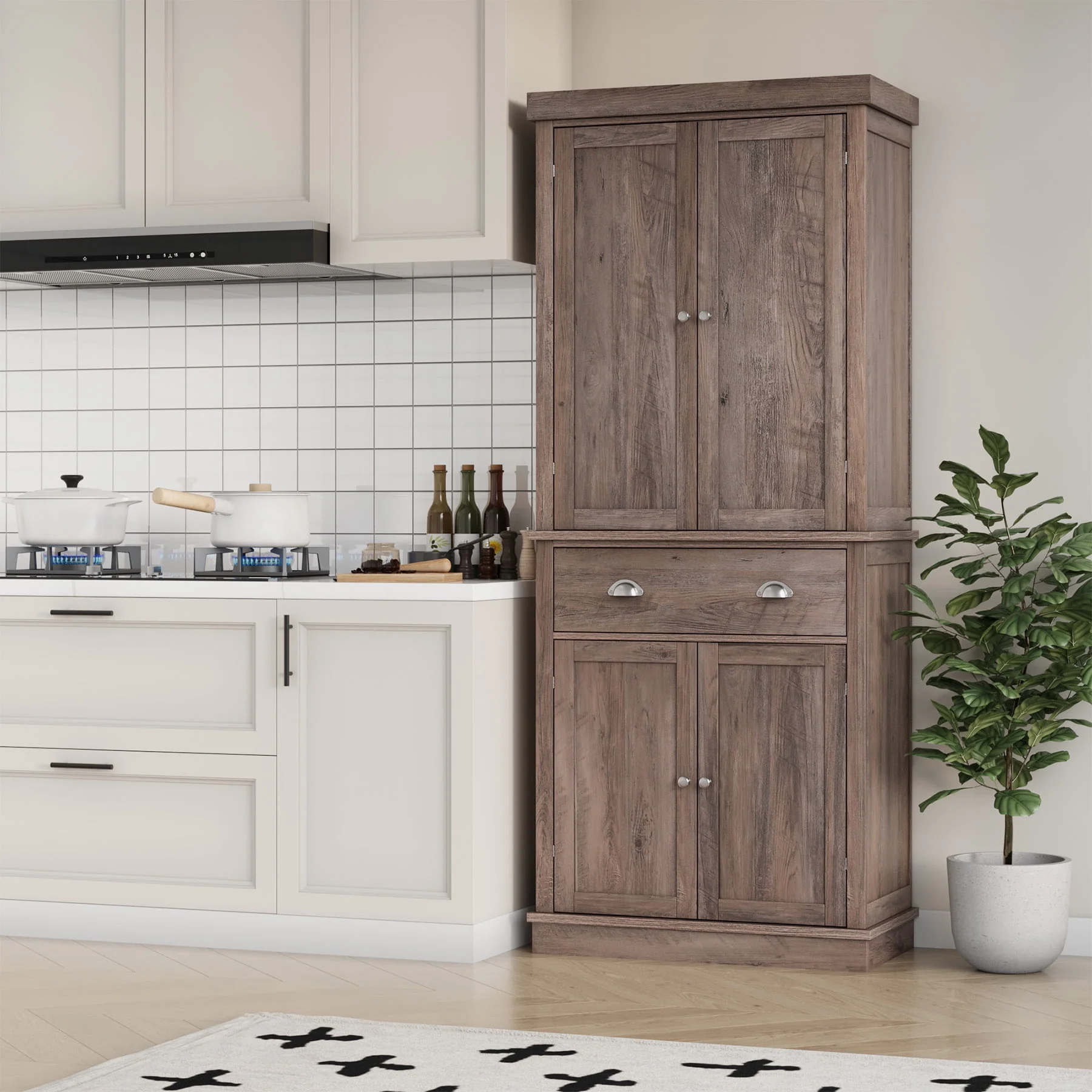 Homfa 72.4'' Tall Kitchen Pantry with 4 Doors, Large Drawer Shelves Wood Storage Cabinet for Dining Room Living Room, White