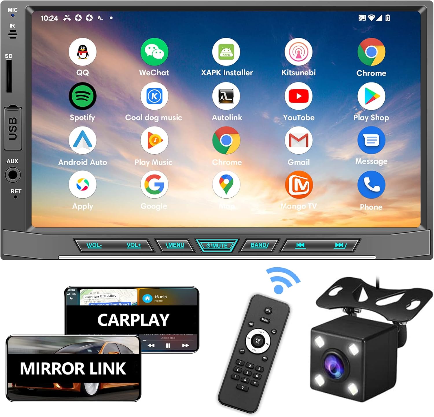 Double Din Car Stereo with Bluetooth 5.2, Mirror Link for Android/iOS Phones, 7 Inch Touchscreen Car Entertainment Multimedia System, HD Backup Camera, Steering Wheel Control/USB/TF/FM/AM