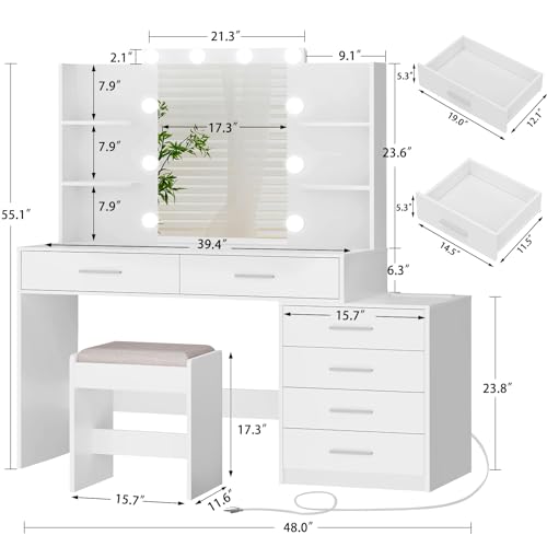 Quimoo Large Vanity Desk with LED Lighted Mirror & Power Outlet,Makeup Vanity Table with 7 Drawers,4 Shelves and 5 Hooks,Vanity Table, Vanity Desk Set for Bedroom,Bathroom,White