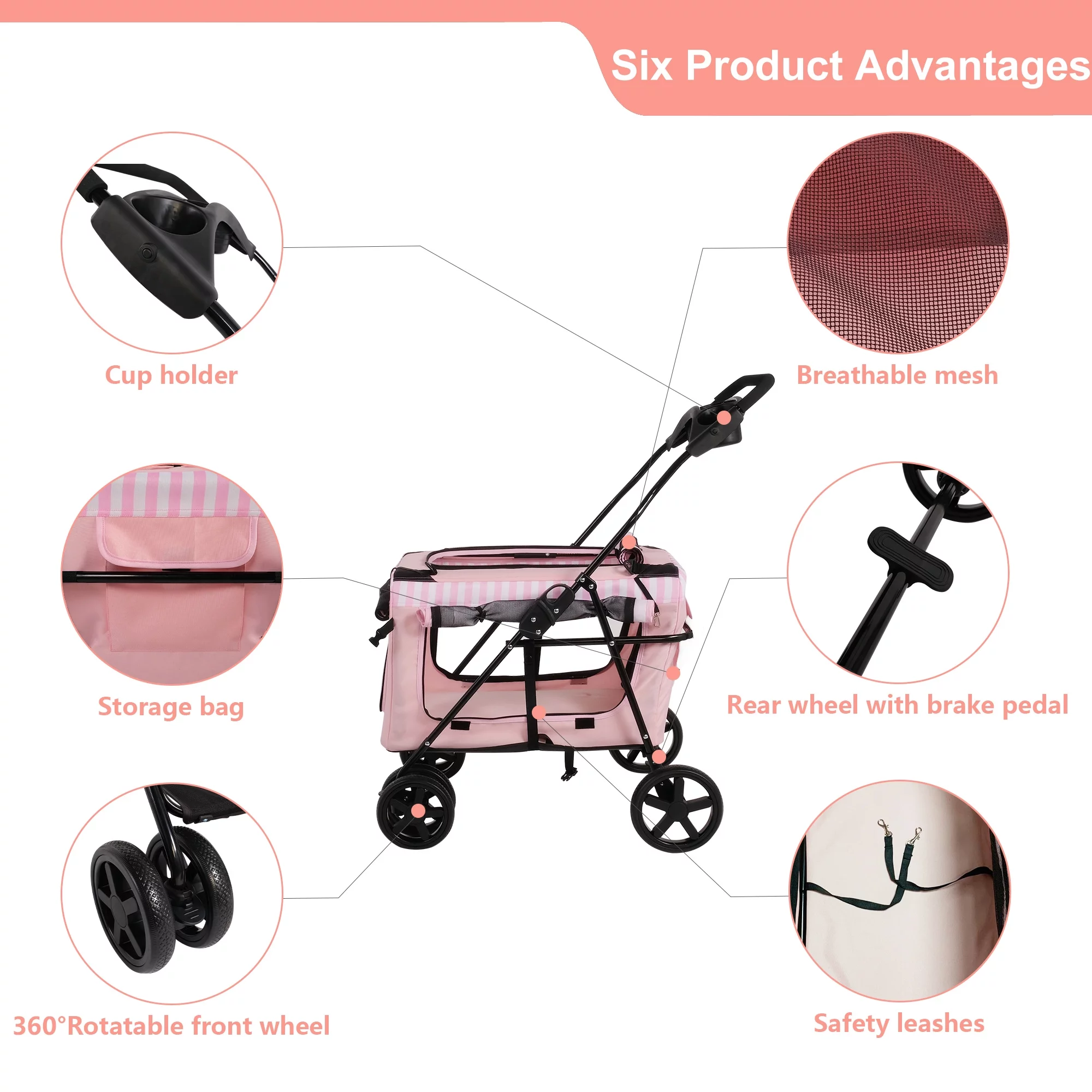 3-in-1 Folding Pet Dog Stroller, 4-Wheel Travel Dog Stroller with Water Cup Holder and Detachable Carrier Bag, Jogger with Pet Cat Kitten Puppy Carriages, Pink - Curated Treasures Market