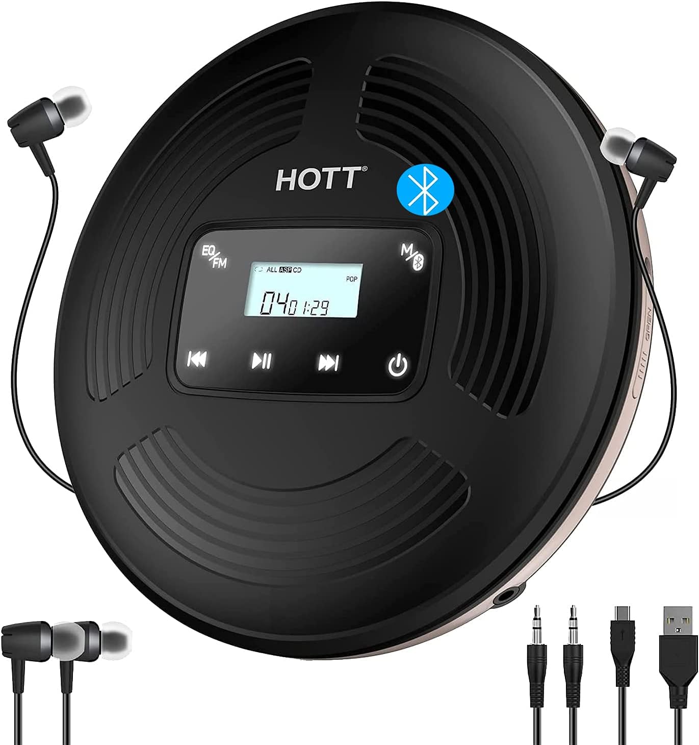 Portable CD Player Bluetooth CD Player for Car with Speakers with FM Transmitter Rechargeable Built-in 1800mah Lithium Battery Touch Button Backlight Display for Home Travel and Car