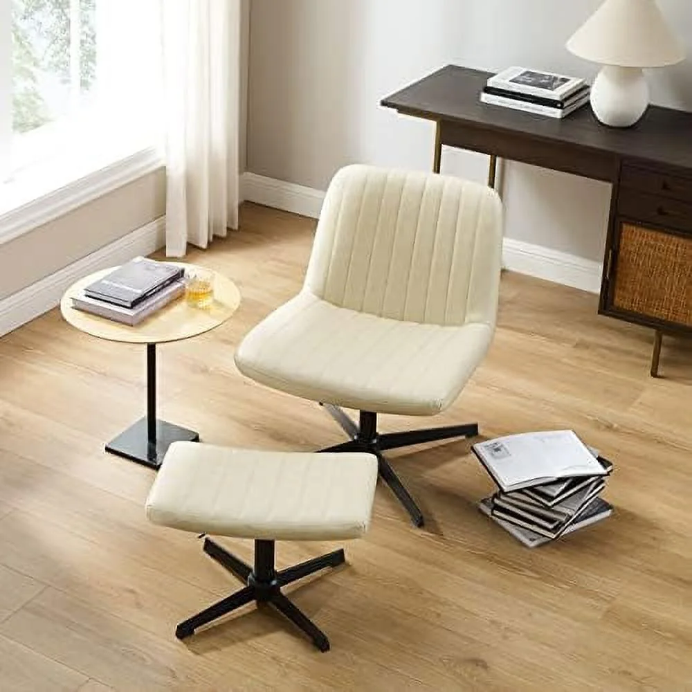 Desk Chair No Wheels  with Foot Rest Stool and Lumbar Pillow  Mid Century Modern Rocking Mid Back Ergonomic Office Chair  Swivel Accent Chair for Living Room Bedroom  Velvet Tufted  Off W