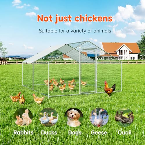 Large Metal Chicken Coop, Chicken Run Poultry Cage Hen with Water-Resident and Anti-UV Cover for Duck Rabbit House Outdoor Walk-in Chicken Pen for Yard, Dome Roof(10’ W x 19.7’ L x 6.4’ H)