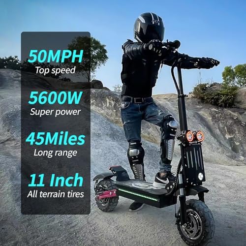 HLOIE Electric Scooter for Adults Peak 5600W Dual Motor Up to 50MPH,Battery Range to 45Miles Fast Sports Escooter 11" Off Road Tires 800lbs Max Load Folding Scooter for Teens with Detachable Seat