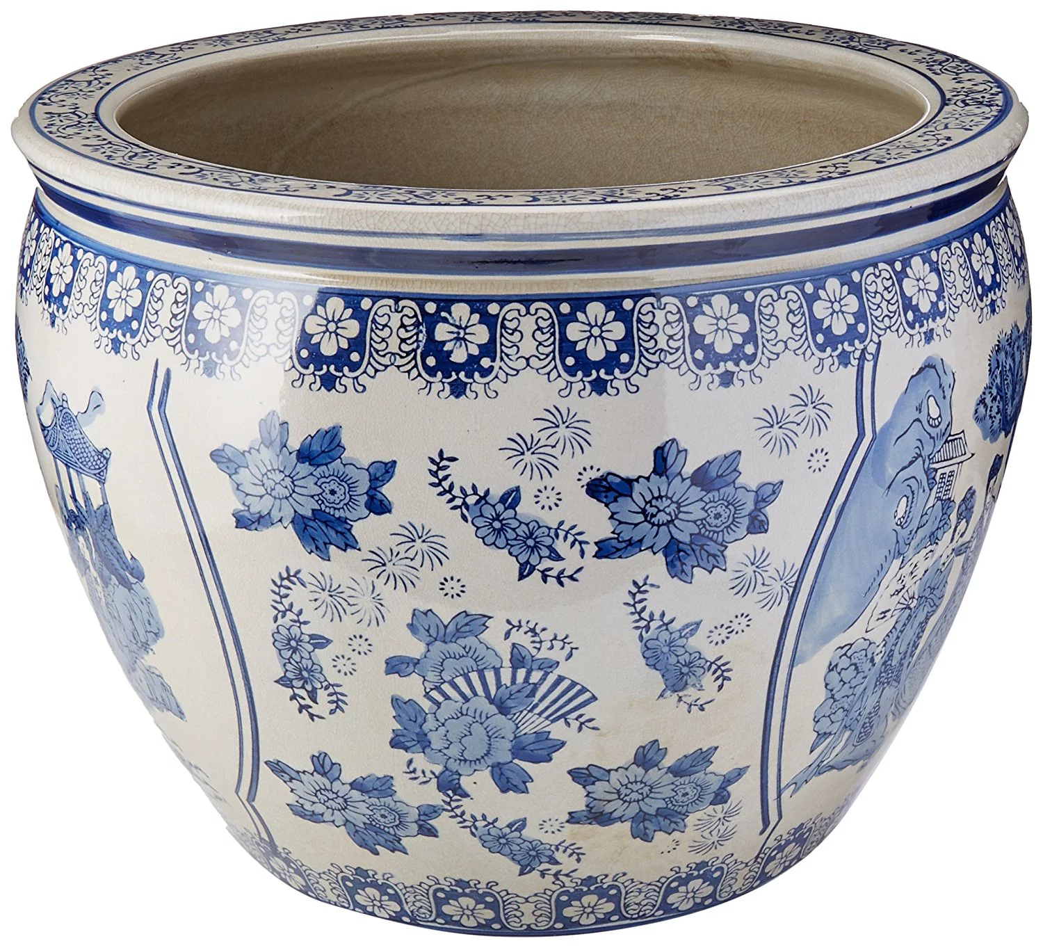 Oriental Furniture 16" Ladies Fishbowl, Blue & White Porcelain