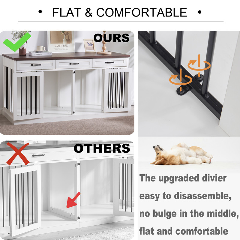63'' Dog Crate Furniture, Furniture Style Dog Crate Table with 3 Drawers and Removable Divider, Heavy Duty Wooden Dog Kennel for 2 Medium Small Dogs，White - Curated Treasures Market