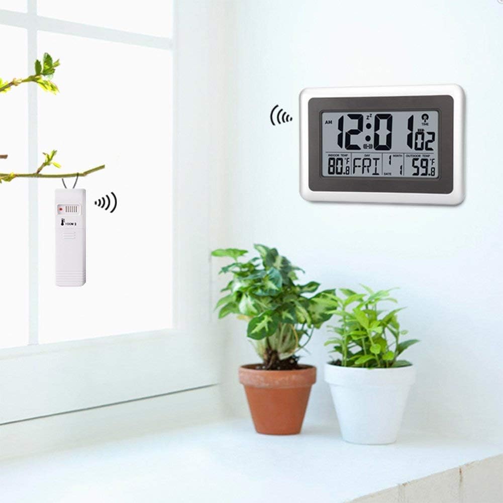 Atomic Wall Desk Clock Large Display with Indoor Outdoor Temperature Date Calendar, Digital Alarm Clock Battery Operated Without Backlight for Kitchen Bedroom