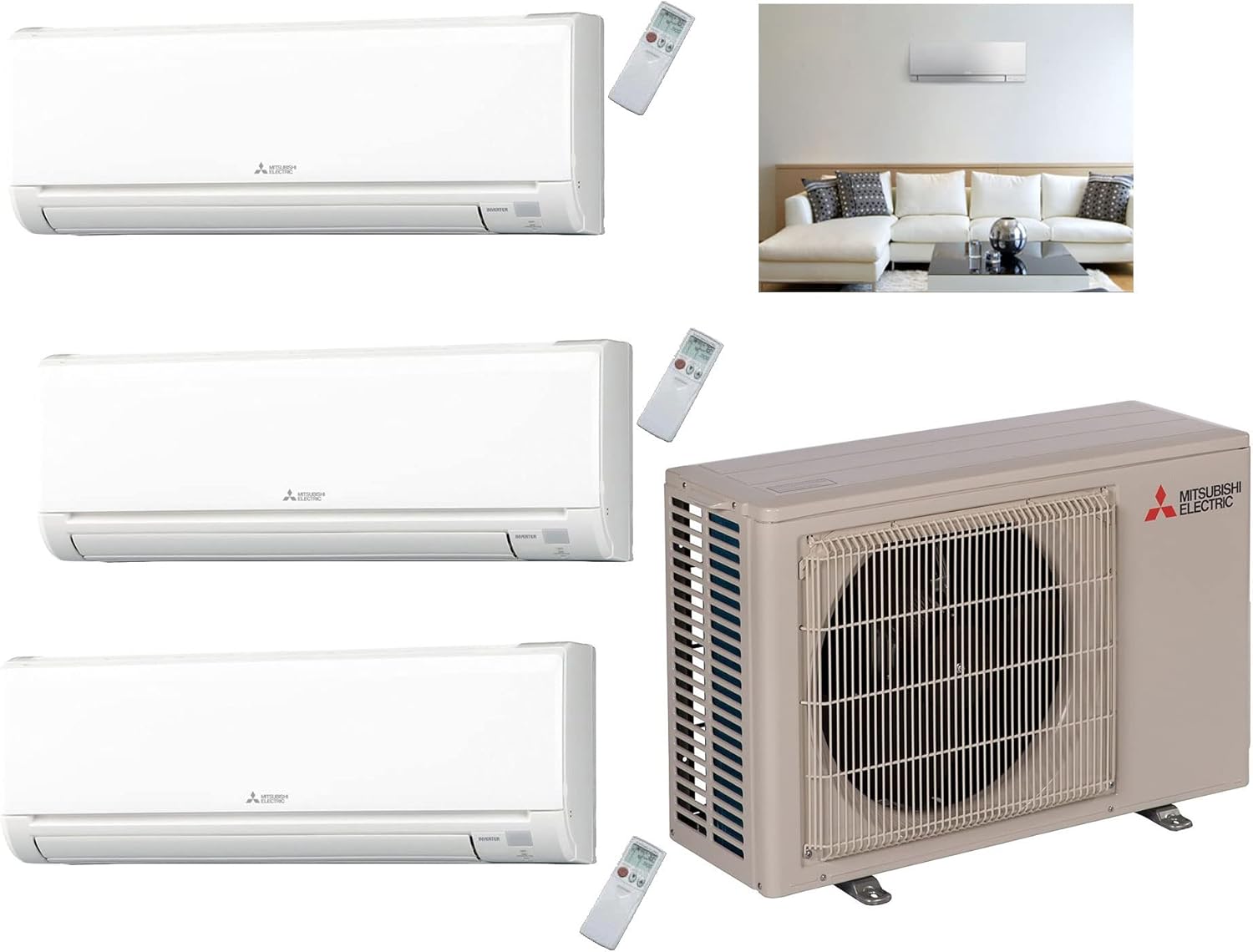 Mitsubishi 39-36,000 BTU Tri Zone Ductless Mini Split System with Wall Mount units, 9,000 Btu 12,000 Btu 18,000 Btu Indoor Units, SEER 19 Cool & Heat Energy Efficient