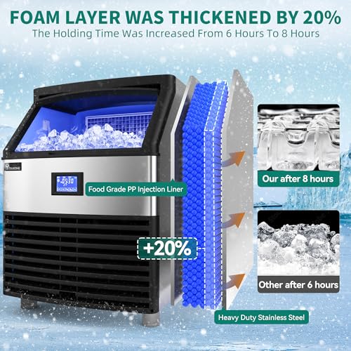 YITAHOME Commercial Ice Maker Machine Stainless Steel Ice Scoop, Blue Light, Freestanding Ice Machine for Home, Restaurants, Bars