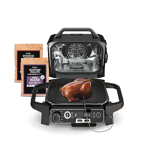 Ninja OG951 Woodfire Pro Connect Premium XL Outdoor Grill & Smoker, Bluetooth, App Enabled, 7-in-1 Master Grill, BBQ Smoker, Outdoor Air Fryer, Woodfire Technology, 2 Built-In Thermometers, Black