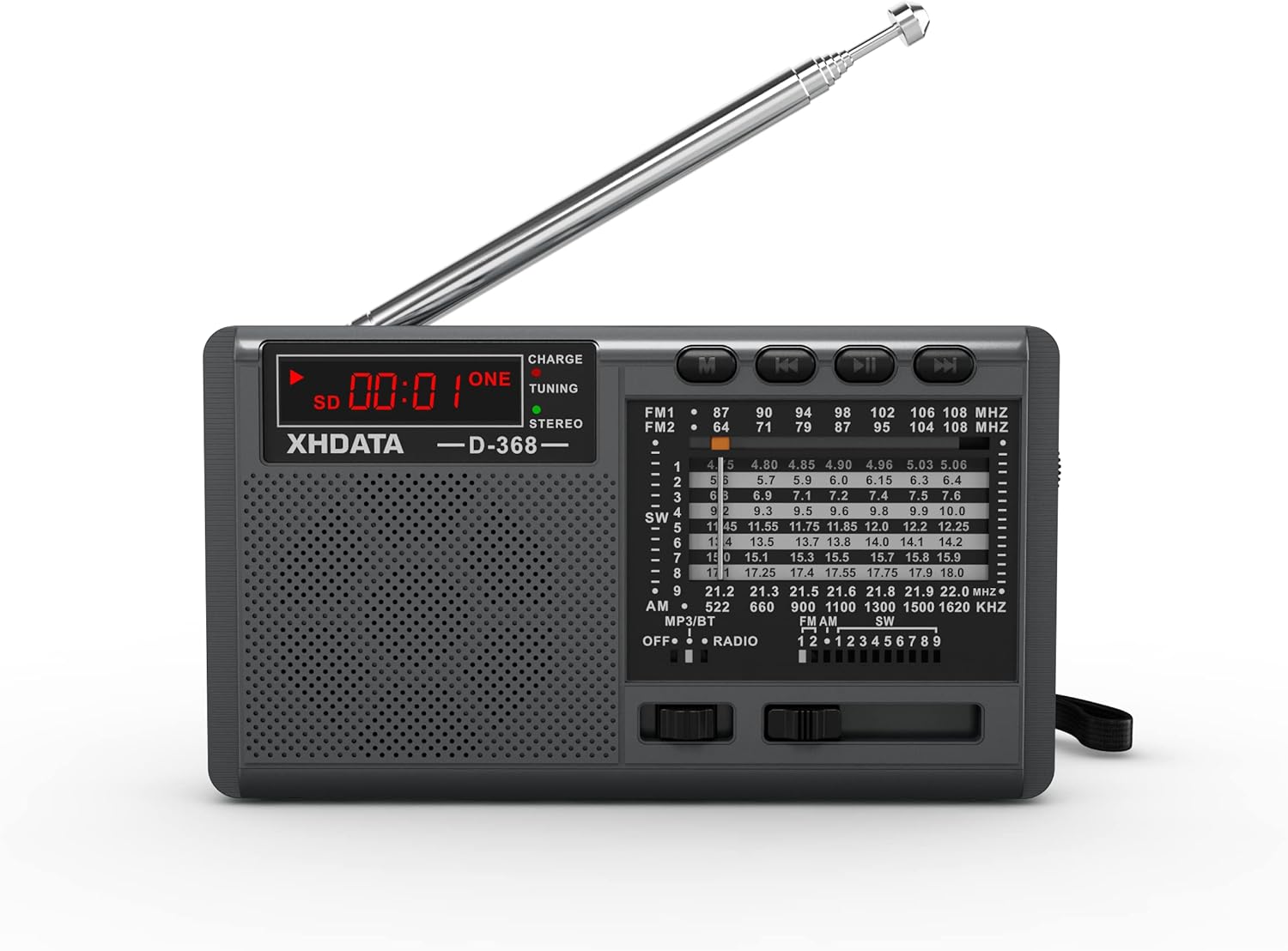 XHDATA D368 Portable Shortwave Radio FM AM SW 12 Band DSP Stereo Radio MP3 Player Wireless Bluetooth Speaker with High Sensitivity Reception Support Micro SD Card and USB Good for Parents