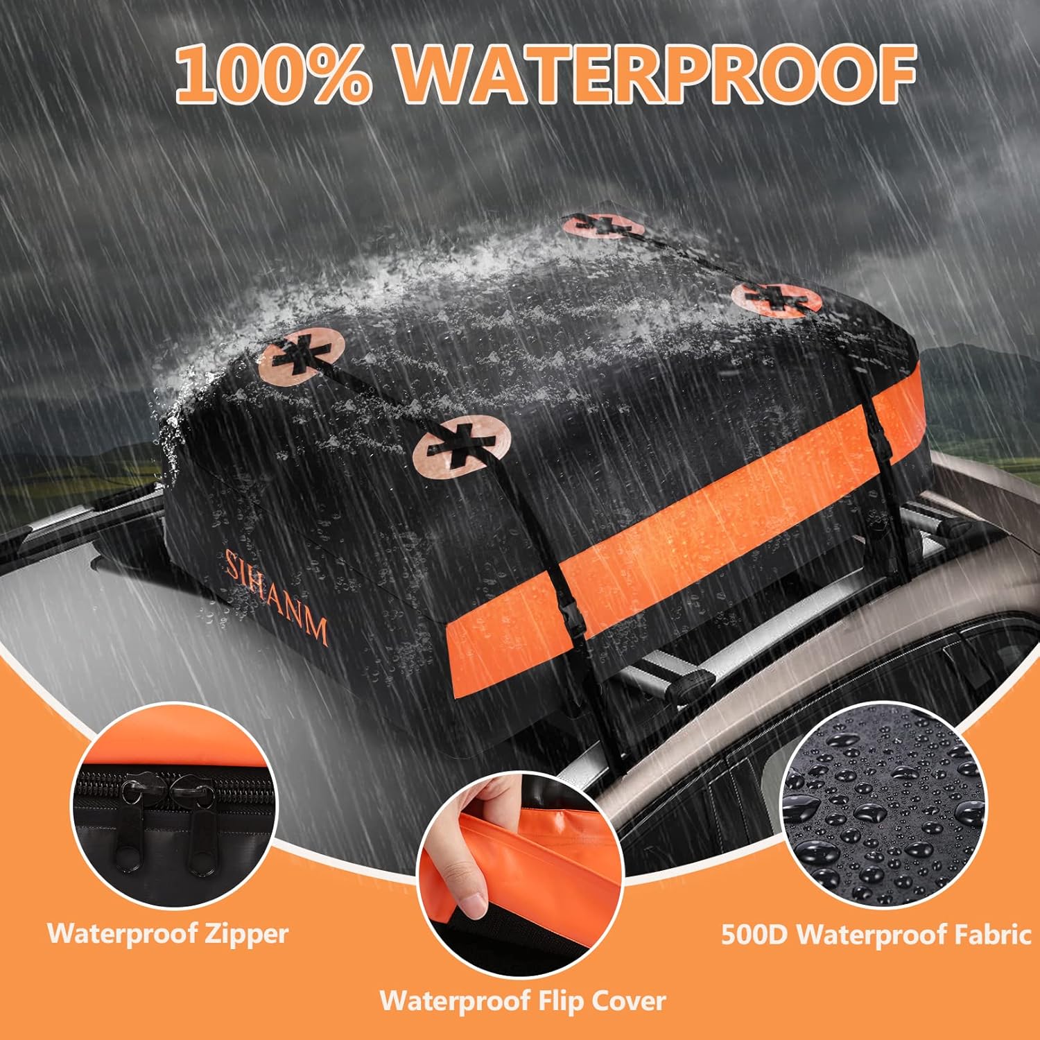 Rooftop Cargo Carrier, Heavy Duty Car Roof Cargo Carrier for All Cars with/Without Rack, 15Cu.ft. 100% Waterproof Car Top Carrier with Anti-Slip Mat, Door Hooks & Lock Pack of 2
