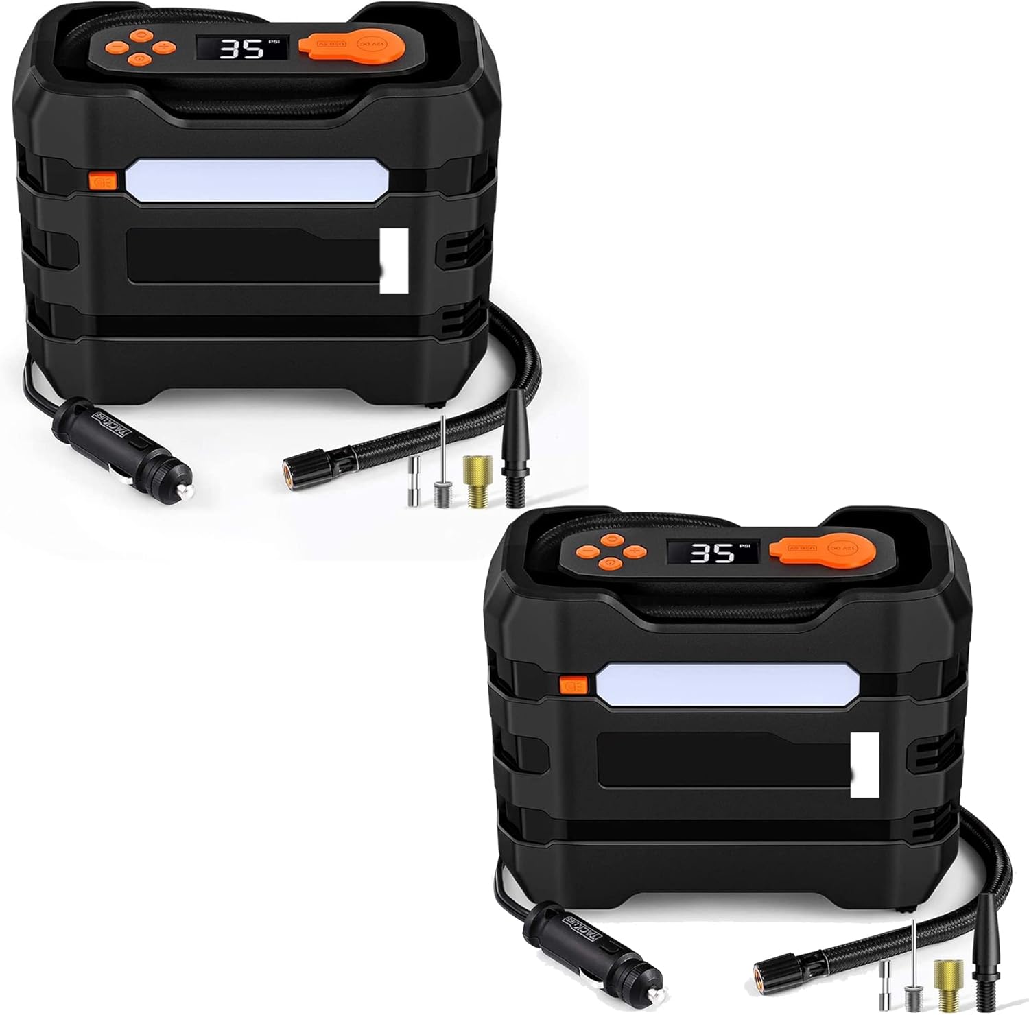 Car Tire Inflator 12V DC Portable Air Compressor with 3 LED Lights | Orange 2Pcs Pack of 2