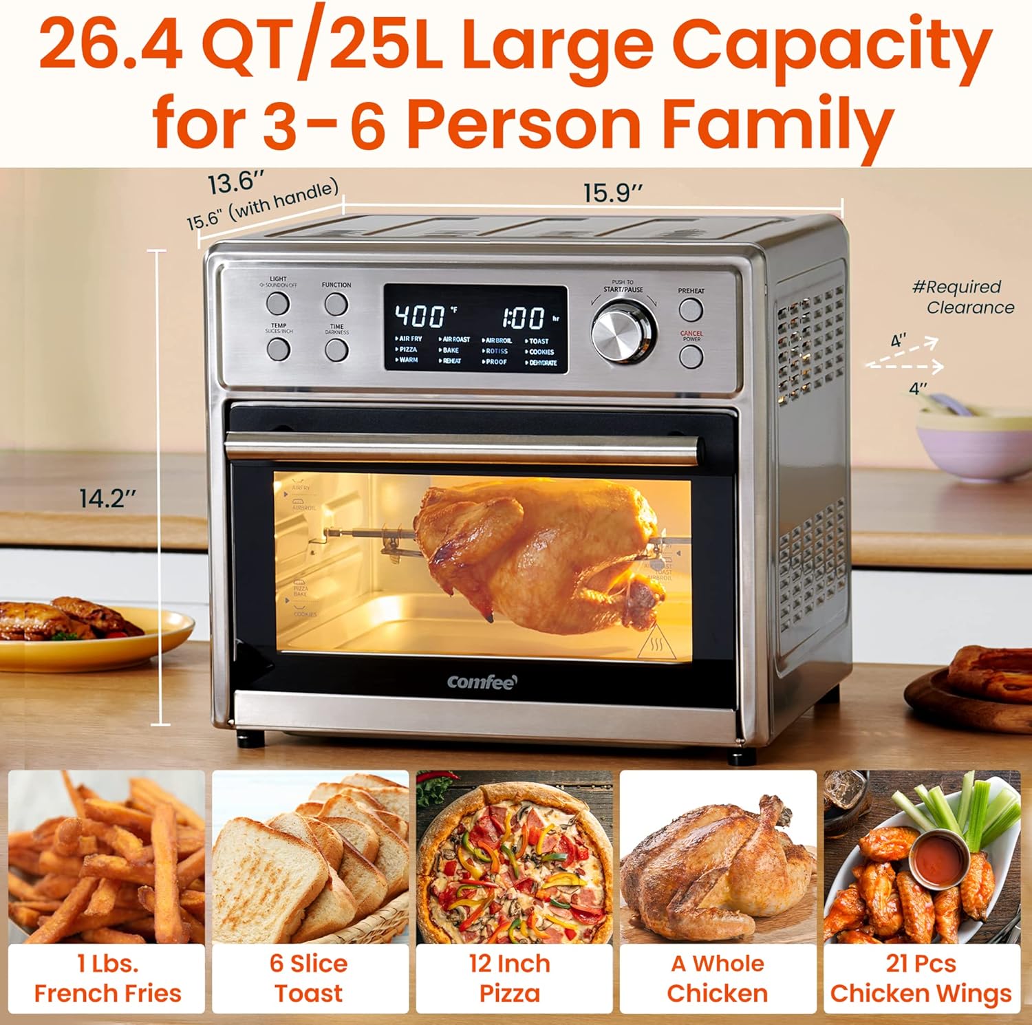 COMFEE' Toaster Oven Air Fryer Combo, 12-in-1 Air Fryer Oven with Rotisserie, 6 Slice Toast 12' Pizza, Double Layer, Countertop Convection, 25L/26.4QT, Precise Temp Control, 6 Accessories