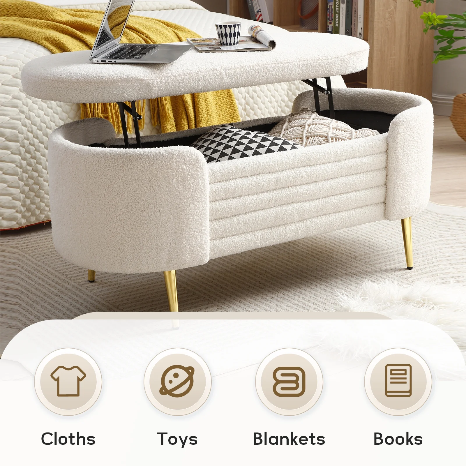 Sudwesto 45.3" Storage Ottoman Bench with Lift Top Design, Modern End of Bed Bench with Upholstered Sherpa Fabric, Toy Storage Bench for Bedroom, Living Room - Curated Treasures Market