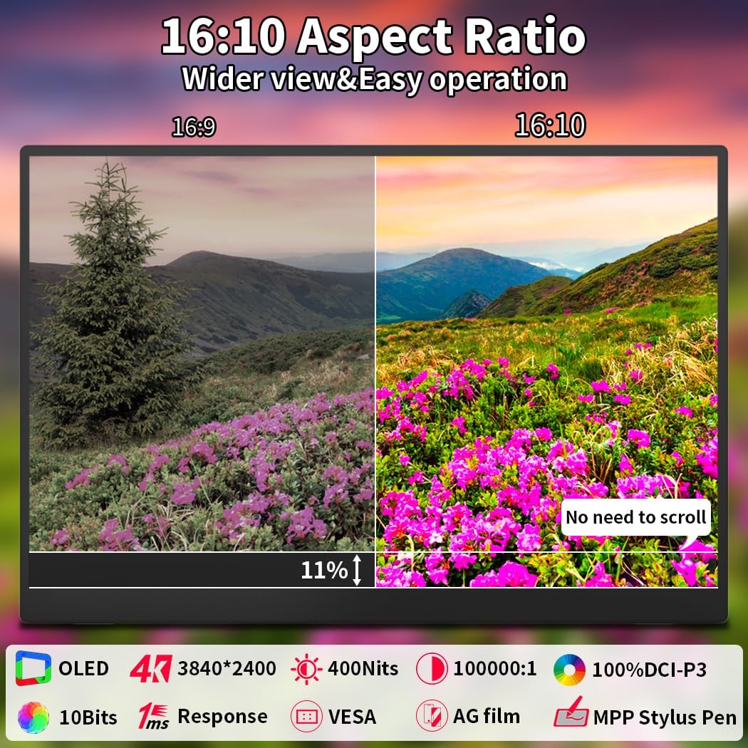 16 inch 4k OLED Touchscreen Portable Monitor, 3840 x 2400 100% P3 Portable Display MPP Stylus Pen Compatibility 1MS Eye Care PC Monitor for Laptop,Mac NUC Mini PC,VESA & Integrated Stand