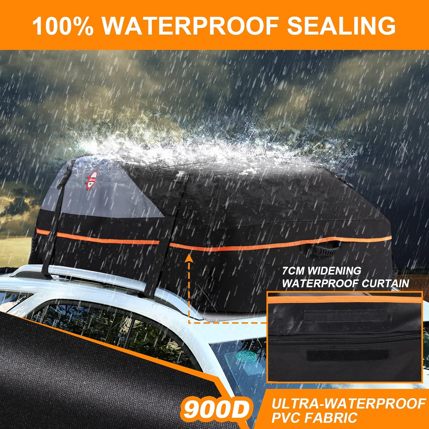 Sailnovo Car Rooftop Cargo Carrier Bag, 21 Cubic Feet 100% Waterproof Heavy Duty 900D Car Roof Bag for All Vehicle with/Without Racks - Anti-Slip Mat+6 Door Hooks
