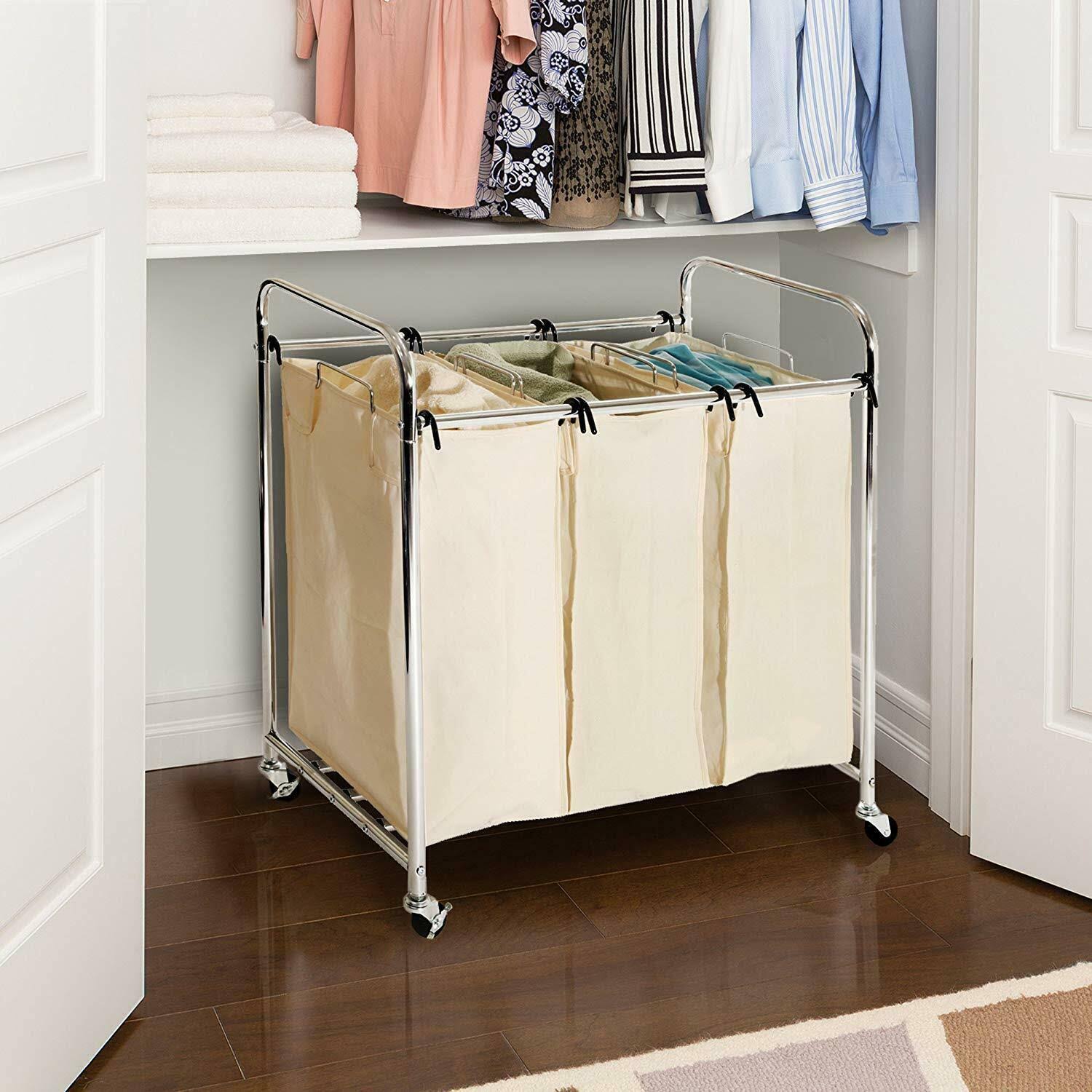 Seville Classics Mobile 3-Bag Heavy-Duty Laundry Hamper Sorter Cart