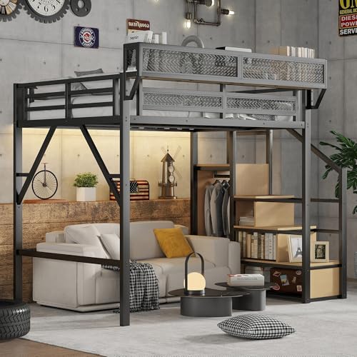 Full Size Loft Bed with Stairs and Storage, Metal Loft Bed Frame with Bedside Shelf and Large Under-Bed Space, Heavy-Duty Bed for Adults Teens and Kids, Black