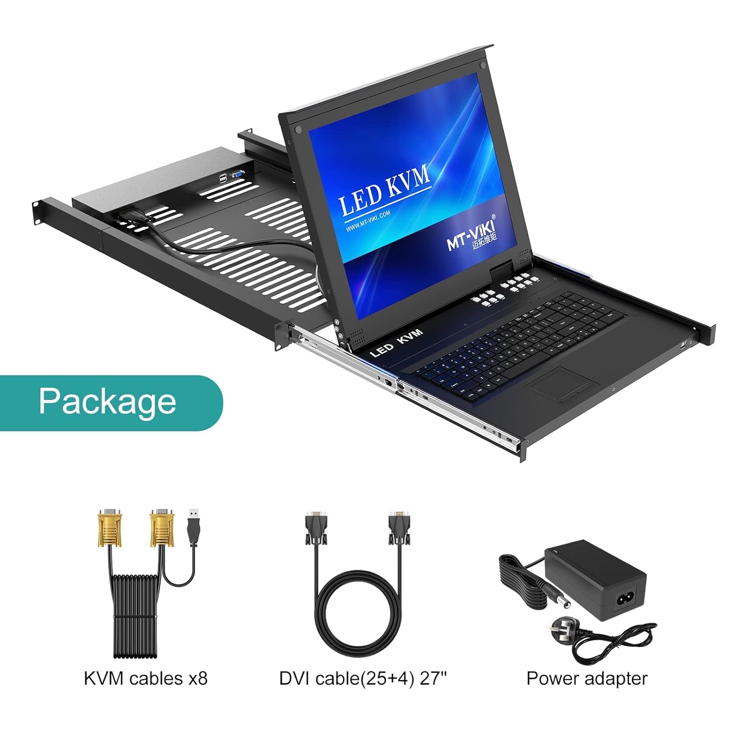 Rack Mount KVM，MT-VIKI 8 Port LCD KVM Console with Cables, VGA KVM Console Monitor 1280x1024 Support OSD/Hotkey/Panel Button Switching