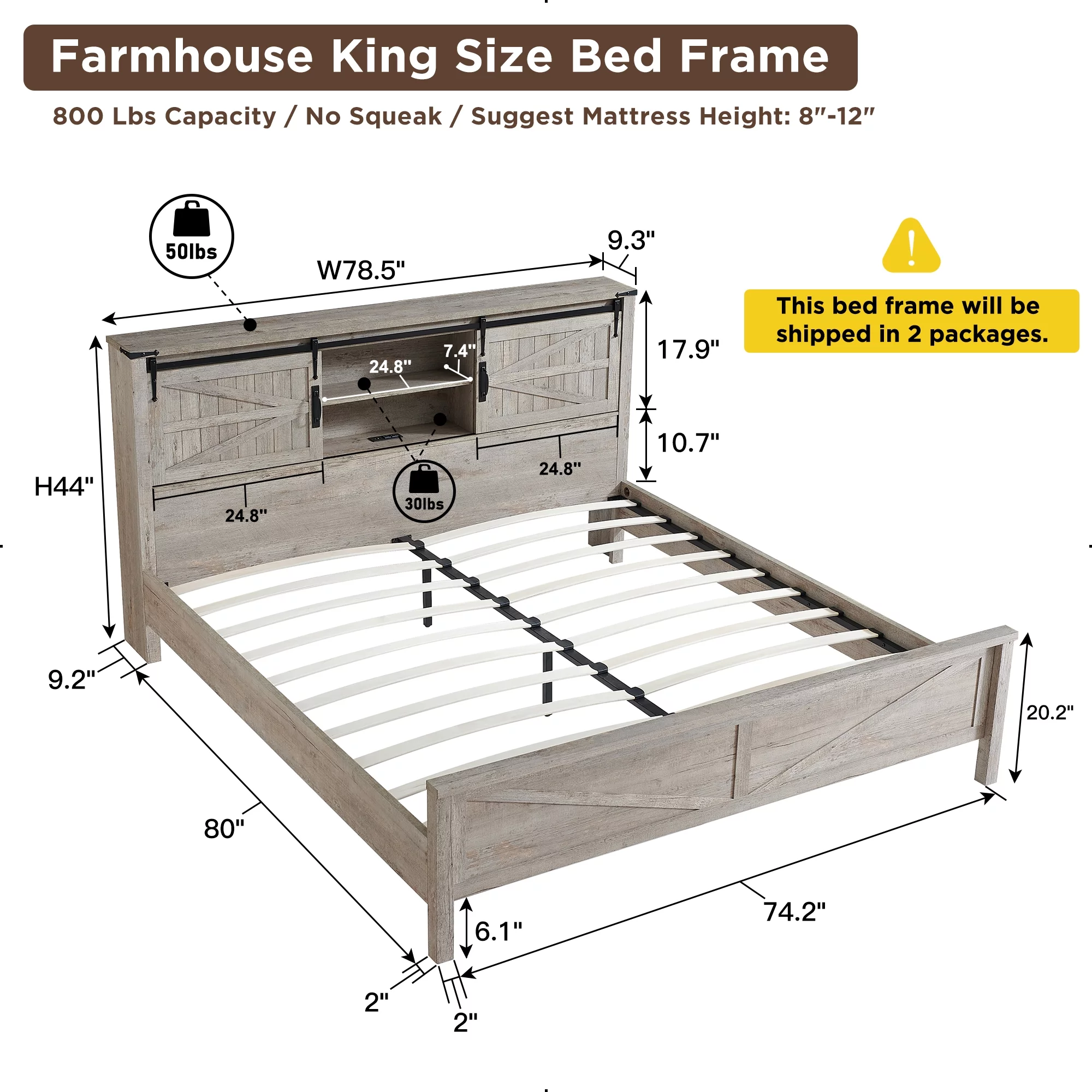 OKD Modern Farmhouse Full Platform Bed with Bookcase Headboard Storage and Charging Station, No Box Spring Needed, Anitique White Finish