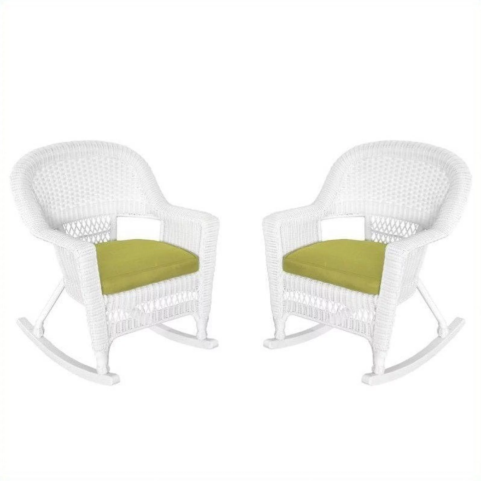 Jeco Rocker Wicker Chair in White with Green Cushion (Set of 2)