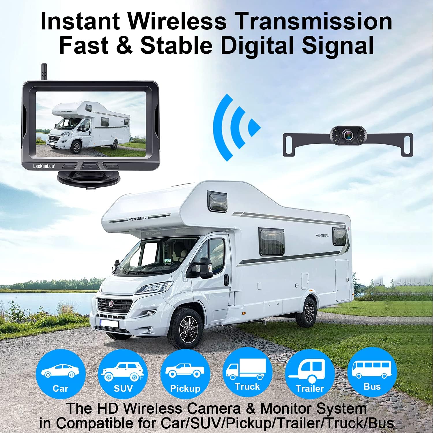 Wireless Backup Camera for Car,Truck,SUV,Sedan,HD 1080P Bluetooth Backup Camera with 5 Inch Split Screen System Support Add Second Wireless Camera for DIY Installation LeeKooLuu LK2
