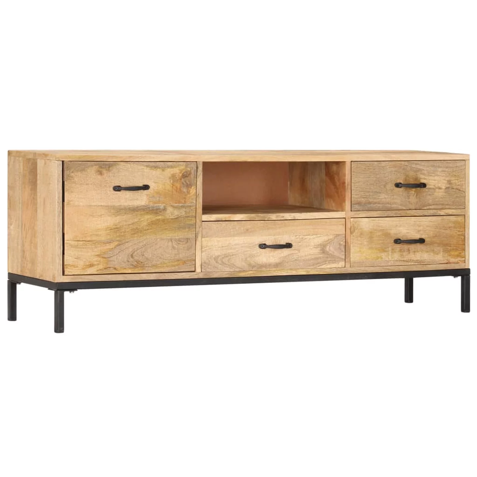 Anself TV Cabinet with Storage Drawers and Open Shelf Mango Wood Television Stand Sofa Couch End Side Table Iron Legs for Living Room Home Furniture 51.1 x 11.8 x 17.7 Inches (W x D x H)
