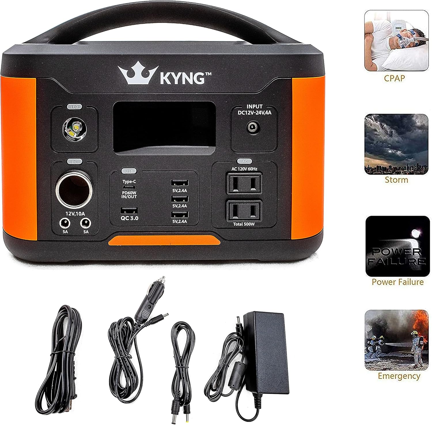 KYNG 515Wh Portable Power Station Solar Generator Pure Sine Wave Lithium Battery, Solar Panel Charge Connection, Emergency Power Supply, LED Screen, CPAP, Camping, RV Generator