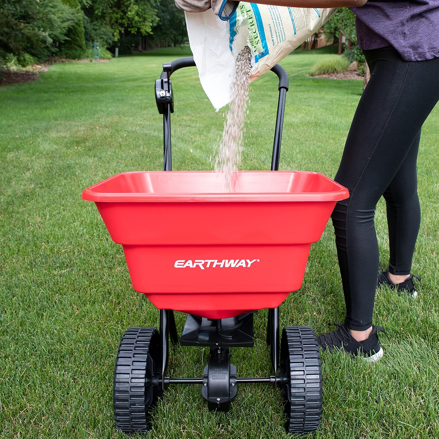 EarthWay 2050SU Deluxe 80 LBS Heavy-Duty Walk Behind Commercial Broadcast Spreader with 10-inch Poly Tires, Even Spread, Built-in Side Spread Control and Pre-Assembled