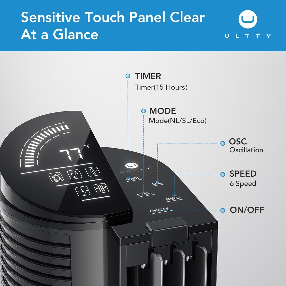 U ULTTY Tower Fan for Bedroom, 30ft/s Velocity Quiet Floor Fan, 60° Oscillating Fans for Indoors with 6 Speeds, 4 Modes, 15H Timer, Standing Fans, 40 inch Bladeless Fan for Home, Living Room, Black