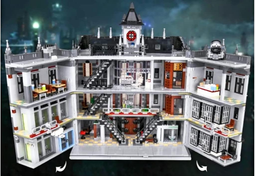 7537 Piece Three Level Madhouse Modular Building Blocks Bricks Set an Impressively Detailed Insane Asylum Hospital Toy Bricks with an Eye-Catching LED Lighting.
