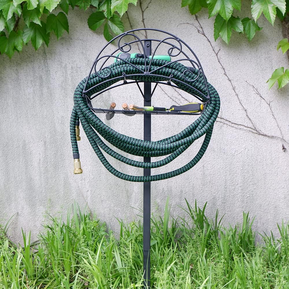 Gardguard Garden Hose Holder Freestanding - Water Hose Stand Hanger with Extra Basket and Large Capacity, Outdoor Detachable Heavy Duty Metal Hose Rack for Outside Garden, Yard, Lawn