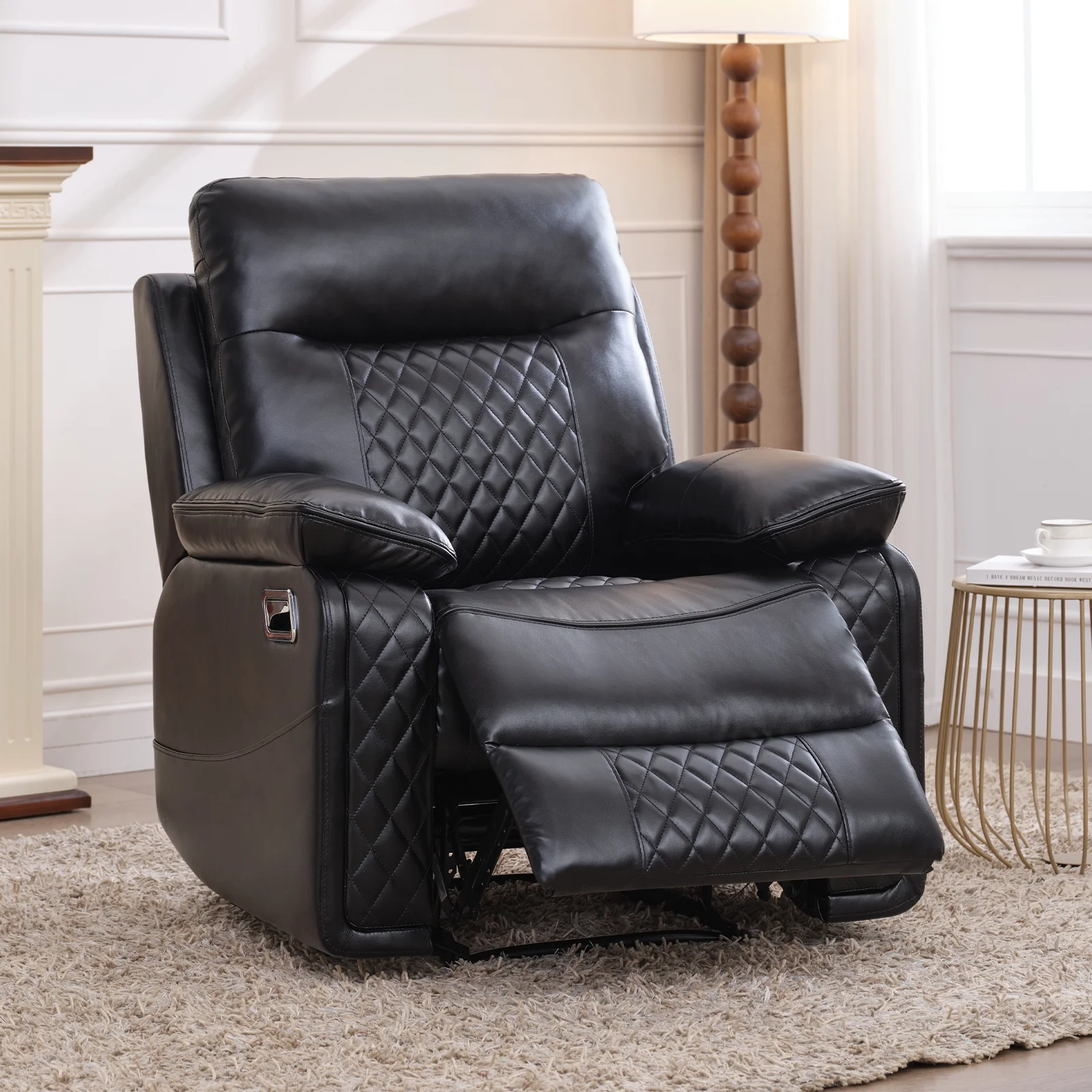 BonzyHome Recliners Single Recliner Chairs for Adults, Reclining Chair Manual Sofas for Living Room Overstuffed Home Theater Seating PU Leather Reclining Furniture, Black