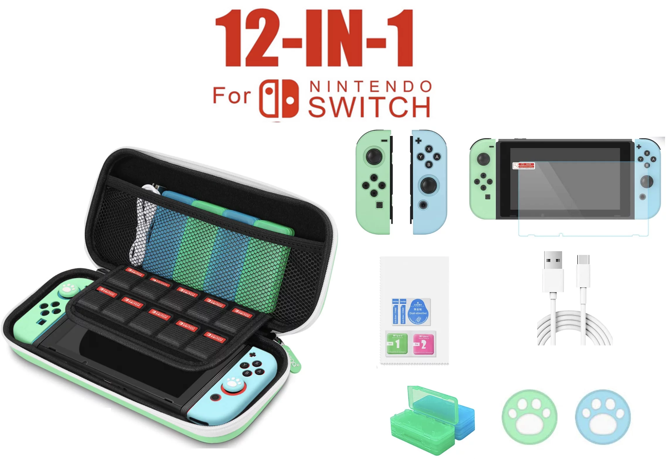Newest Nintendo Switch 32GB Console with Neon Blue and Neon Red Joy-Con, 6.2" Touchscreen 1280x720 LCD Display, 802.11AC WiFi, Bluetooth 4.1 + Marxsol 12-in-1 Accessories Holiday Bundle