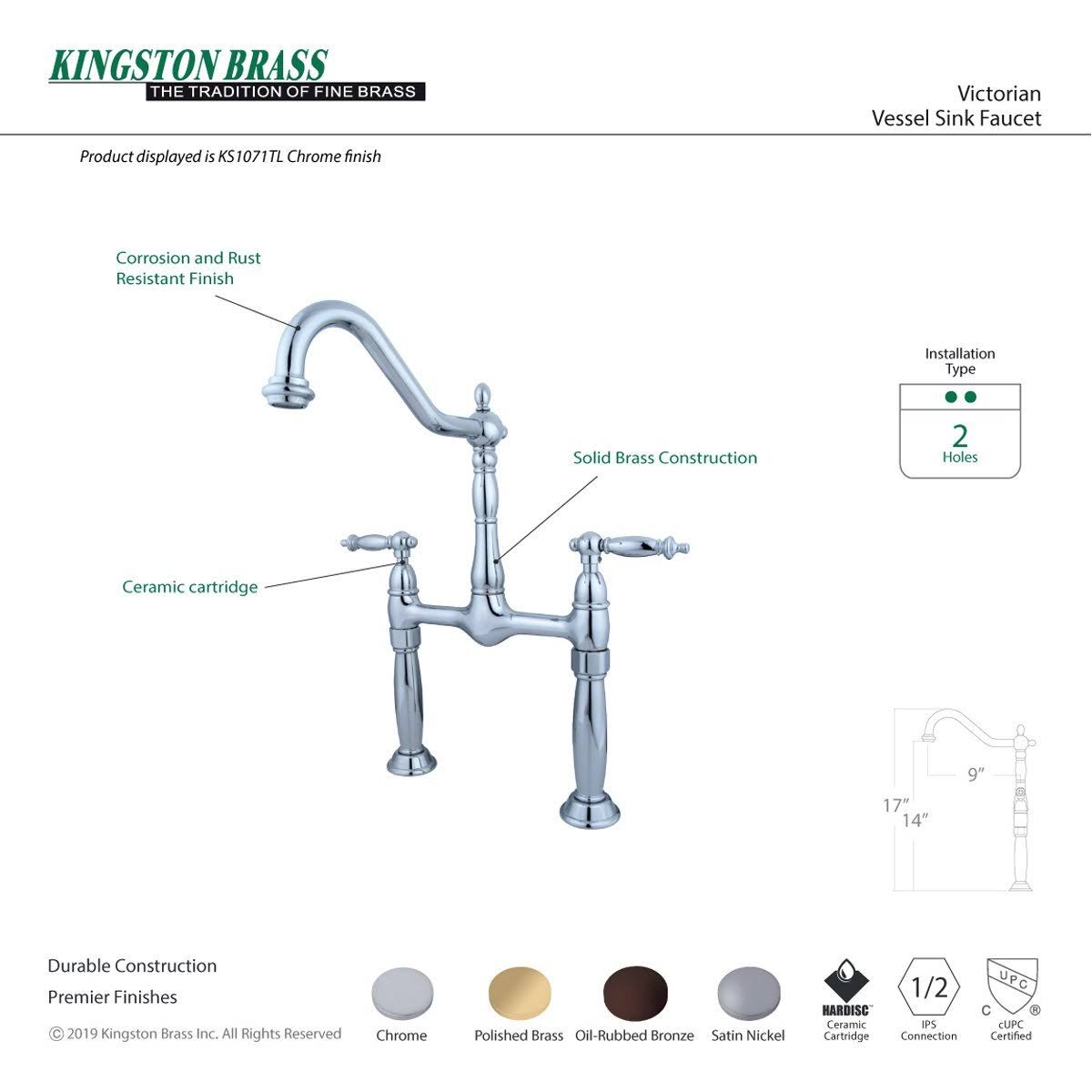 Kingston Brass KS1072TL Victorian Vessel Sink Faucet, Polished Brass