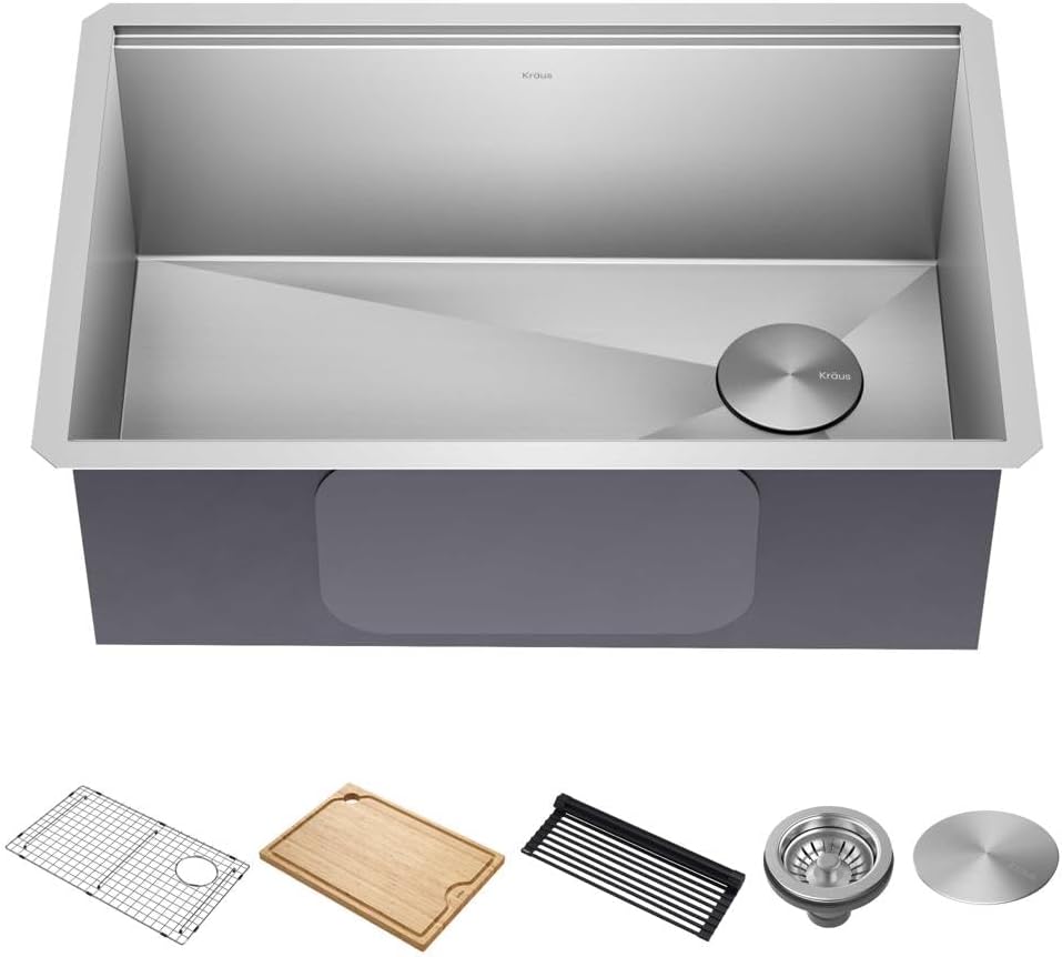 KRAUS Kore 28 Inch Undermount Workstation 16 Gauge Stainless Steel Single Bowl Stainless Steel Kitchen Sink with Accessories, KWU110-28