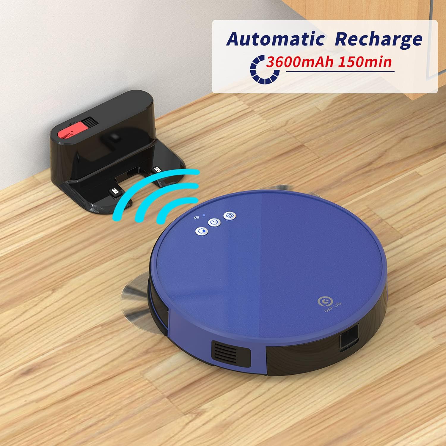 OKP Robot Vacuum Cleaner, 2000Pa Super Suction, Two-Layer Dust Box Design, Self Charging, Quiet Cleaning for Pet Hair, Blue