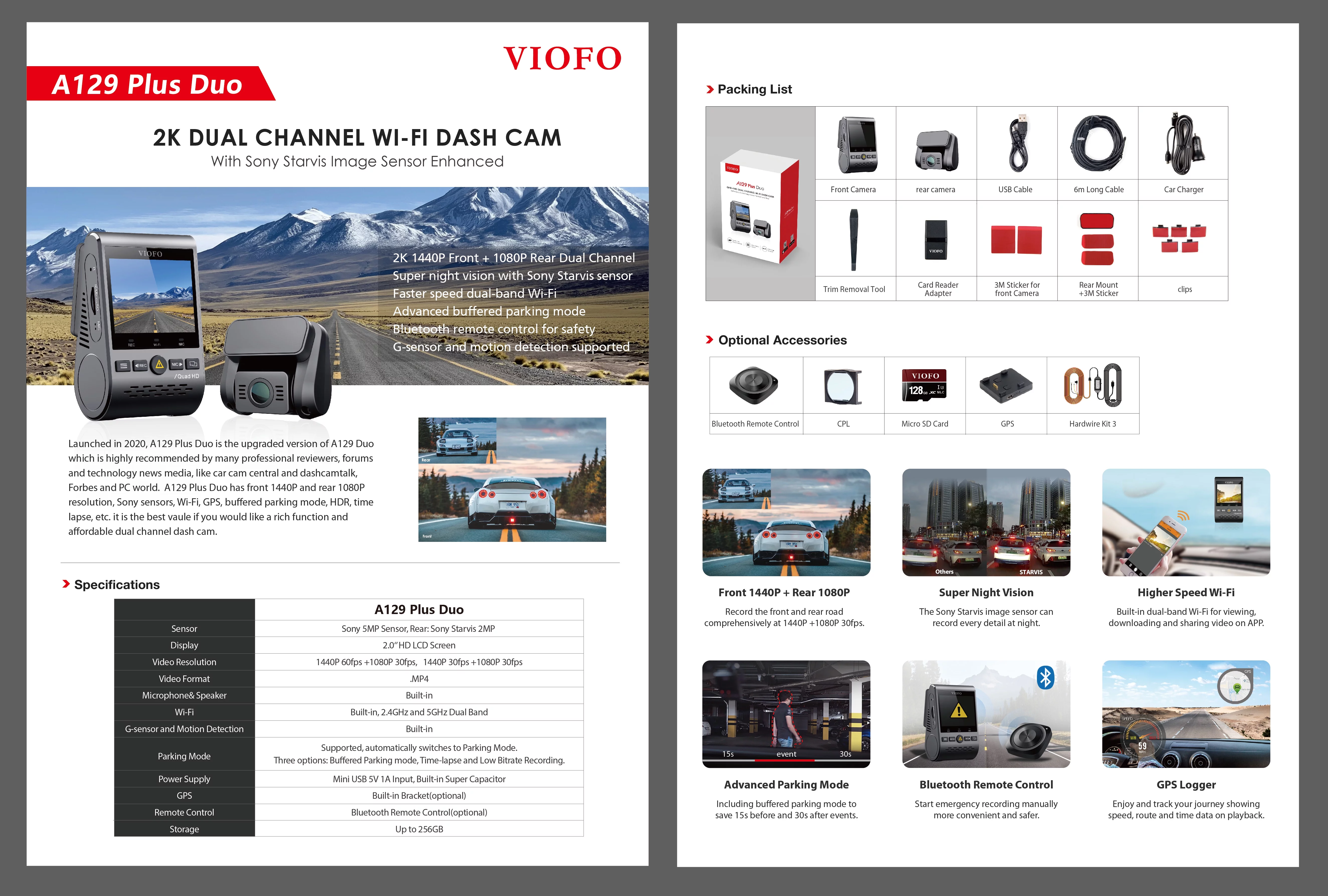 VIOFO A129 Plus Duo | Dashcam Front and Rear | 2K 1440P 60FPS + 1080P 30FPS | GPS Wi-Fi Parking Mode