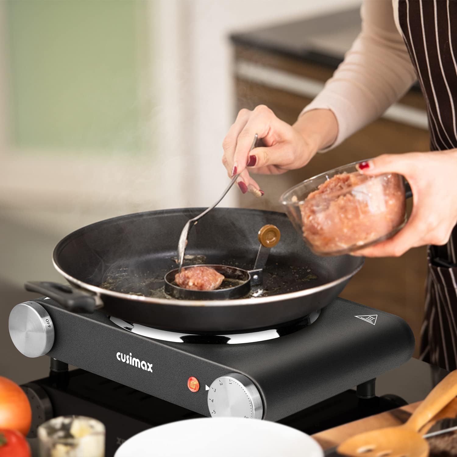 Cusimax Hot Plate Electric Burner Single Burner Cast Iron hot plates for cooking Portable Burner 1500W with Adjustable Temperature Control Stainless Steel Non-Slip Rubber Feet, Upgraded Version
