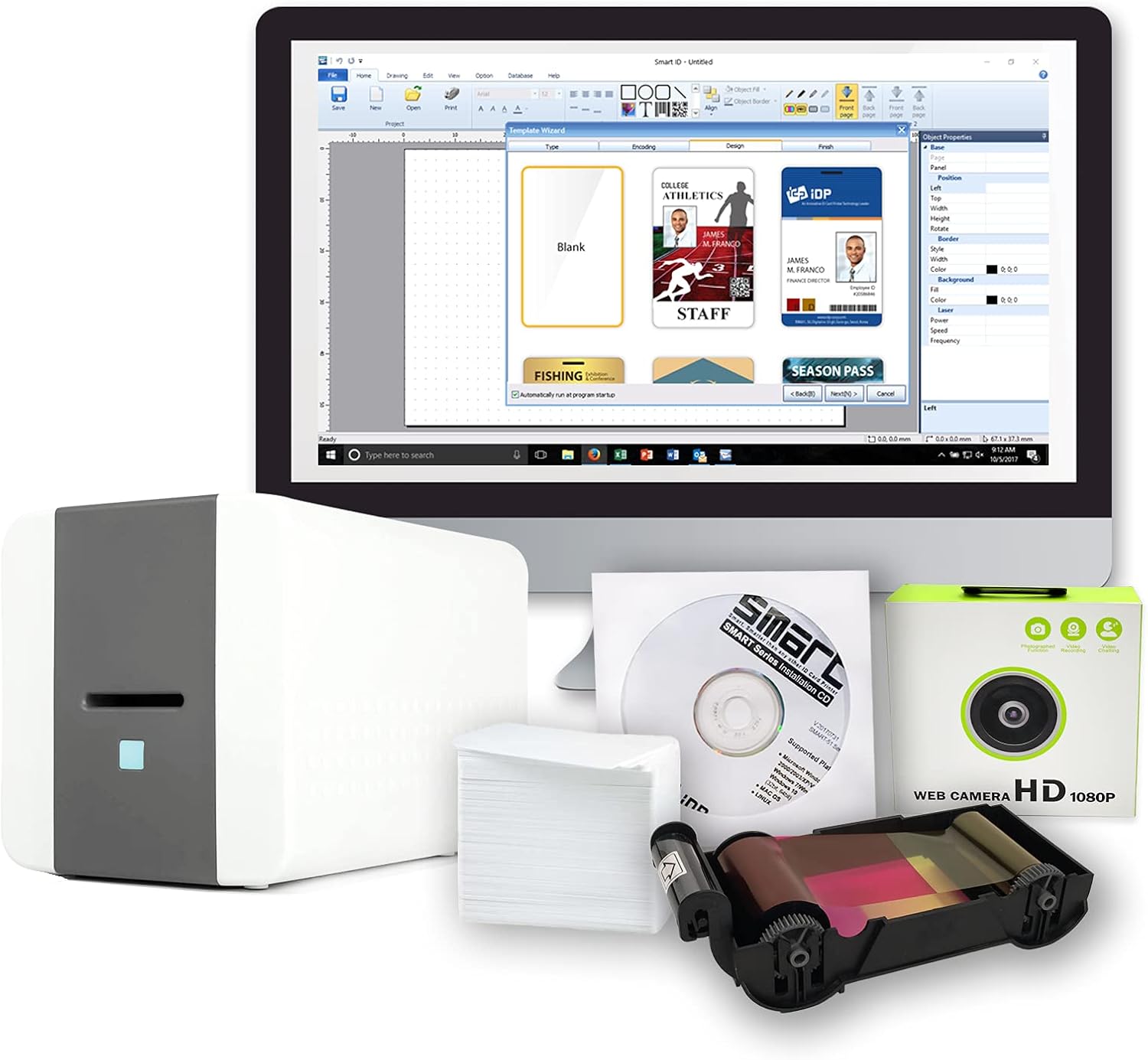 IDP SMART-21 Series ID Card Simplex Starter Printer Bundle with Software, Manual and Guides - Includes 100-Print YMCKO Color Ribbon, 100 PVC Plastic Cards and a USB Camera