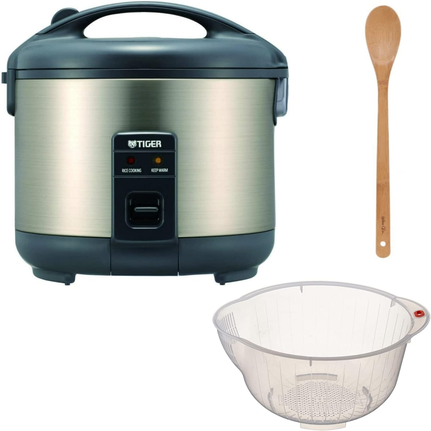 Tiger JNP-S55U 3-Cup Capacity White Rice Cooker with Spatula and Measuring Cup Bundle with Rice Washing Bowl and Bamboo Spoon (3 Items)